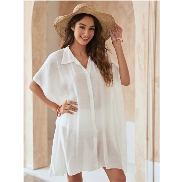 White Beach Coverup Poncho Style Shirt - Picture 5 of 9